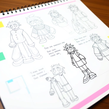 A close-up of a sketchbook page featuring detailed sketches of an anime character. The character has large, expressive eyes and spiky hair, rendered with intricate line work. Various poses of the character are displayed, showcasing different facial expressions and outfits. The page is filled with notes in the margins, including annotations about color schemes and character backstory. The texture of the paper is visible, with pencil shading and eraser marks adding depth to the sketches.