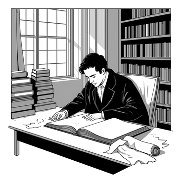A young Goethe studying in a college library, surrounded by stacks of books and scrolls.