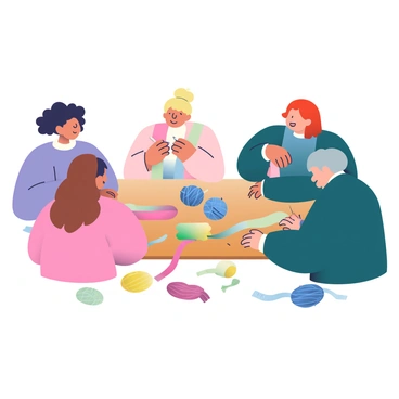 A group of five women is gathered around a wooden table, actively sharing knitting and crafting techniques. Each woman has a unique appearance: one has curly black hair and is wearing a light purple sweater, another has straight blonde hair tied in a bun and is dressed in a pastel pink cardigan. A third woman has red hair and is wearing a white blouse, while the fourth has wavy brown hair and a teal sweater. The fifth woman has short gray hair and is in a dark green cardigan. Various colorful yarn balls are scattered across the table, including shades of blue, pink, and yellow. The women are engaged in discussion, with one demonstrating a knitting stitch, while another is holding a partially finished scarf. Crafting tools like knitting needles, scissors, and measuring tapes are also visible on the table, surrounded by a cheerful atmosphere.