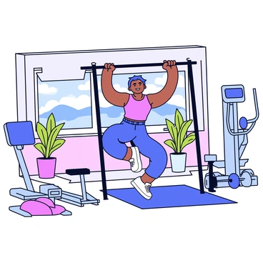 A celebrity with short, stylish hair is performing pull-ups on a sleek black pull-up bar. The gym features large windows that let in natural light, showcasing a view of a beautiful outdoor landscape. The walls are painted in a soft, neutral color, and the floor is covered with polished wood. Various high-end gym equipment is neatly arranged around the space, including free weights and a treadmill. In the background, there are elegant potted plants adding a touch of greenery to the environment. The celebrity is wearing a fitted athletic outfit, displaying determination and strength.