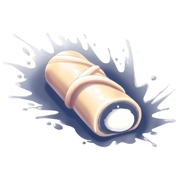 A giant cannoli placed prominently in the center of the image. The cannoli has a crisp, golden-brown shell that is perfectly filled with a rich, creamy ricotta filling that oozes slightly from both ends. Around the cannoli, there are dynamic splashes of paint, creating a sense of movement and energy. The paint splashes are in shades of black and white, enhancing the striking contrast with the cannoli. The emphasis is on the texture of the cannoli and the fluidity of the paint around it, drawing the viewer's eye to the central dessert.