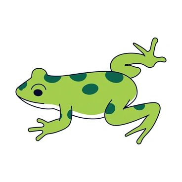 A detailed illustration of a frog in a neutral pose, showcasing its anatomy. The frog has a smooth green skin texture with darker green spots. The illustration includes labeled parts such as "head," "eyes," "forelimb," "hind limb," and "webbed feet." Key organs like "heart," "lungs," "stomach," and "intestines" are also clearly marked. The background is plain to emphasize the frog and its labeled anatomical features.