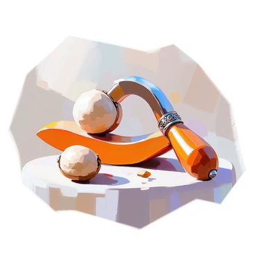 An ornate nutcracker designed specifically for cracking open cashew shells, crafted from polished wood with intricate carvings along its handle. The nutcracker features a curved, metallic jaw that glimmers under the light, specifically shaped to accommodate the unique form of a cashew. The craftsmanship includes decorative motifs that reflect a traditional style, with delicate patterns adorning the wood. The background includes a few cashews scattered around, emphasizing the nutcracker's purpose.