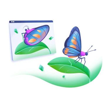 A close-up view of a vibrant butterfly resting on a green leaf. The butterfly features colorful patterns on its wings, showcasing shades of blue, orange, and black. The leaf beneath it is detailed with visible veins and a glossy surface. In the next frame, the butterfly starts to flap its wings, capturing the motion with a slight blur effect around the edges. Small fragments of the leaf surround the scene, suggesting a gentle breeze.