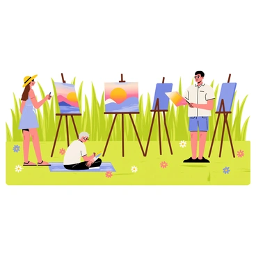 A vibrant field filled with tall green grass and colorful wildflowers. Several artists with easels are positioned throughout the landscape, each focused on their canvases. One artist is a woman with long brown hair, wearing a yellow sunhat and a light blue dress, painting a vivid sunset with oranges and pinks. Another artist is a man with glasses, dressed in a white shirt and denim shorts, capturing a distant mountain range in cool blues and purples. A third artist, an elderly woman with short gray hair, is sitting on a blanket, sketching the surrounding scenery with a pencil. The sun casts soft shadows across the scene, highlighting the dedication and creativity of each artist.