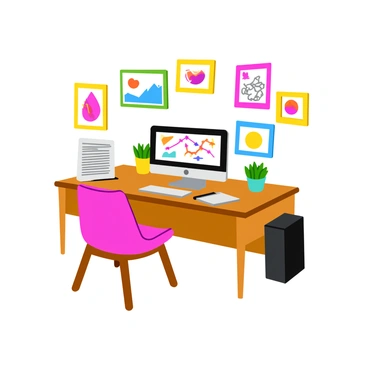 A bright illustrator's workspace featuring a sleek computer on a wooden desk. Next to the computer, there is a sketchpad filled with colorful sketches. The walls are adorned with various framed artworks, showcasing vibrant illustrations and designs. A comfortable chair is placed in front of the desk, and a small potted plant sits on the edge of the desk, adding a touch of greenery to the space. The room is well-lit, creating an inviting atmosphere for creativity.
