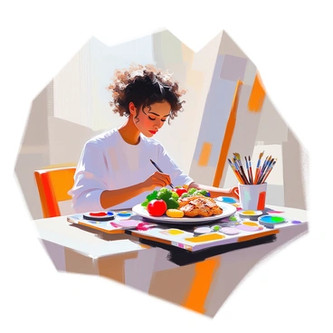 An illustrator with light skin and curly hair is seated at a wooden table, meticulously painting a plate of food. The plate features a beautifully arranged meal, showcasing vibrant colors and rich textures. There are slices of grilled chicken, garnished with fresh herbs, alongside a medley of colorful vegetables, including bright red bell peppers, deep green broccoli, and golden corn. The artist's palette is filled with paint colors matching the food, and brushes are scattered around, reflecting the artist's focus on capturing the essence of the dish. The illustrator's concentration is evident as they add final touches to the artwork.