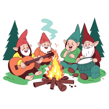 A group of cheerful dwarfs is sitting around a flickering campfire, playing lively tunes on traditional instruments. One dwarf is strumming a vibrant orange lute, while another is tapping rhythmically on a teal drum. Nearby, a dwarf is blowing into a whistle, producing cheerful melodies that mingle with the warm glow of the flames. The campfire casts dancing shadows on their faces, reflecting their joy and camaraderie. The scene is surrounded by tall trees, and the ground is covered in soft green grass, enhancing the cozy, lively atmosphere.