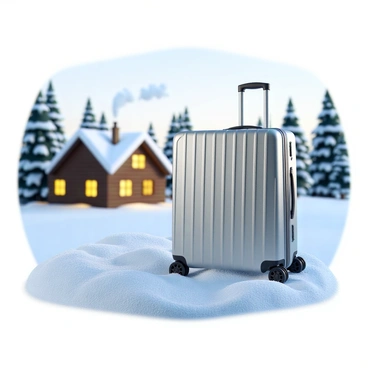 A Rimowa suitcase with a silver metallic finish, showcasing its signature grooves and textured surface. The suitcase is positioned on a blanket of freshly fallen snow, with small snowflakes gently resting on it. In the background, a cozy wooden cabin with smoke curling from the chimney is nestled among snow-covered pine trees. The cabin features warm yellow windows glowing against the cold landscape, and the scene is completed with soft, white clouds overhead.