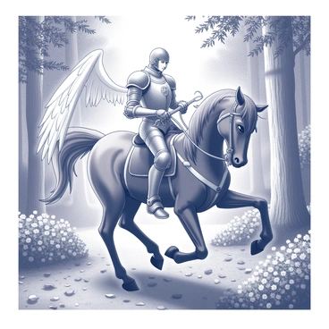 A knight from the Saint Seiya series, clad in intricate armor, is mounted on a majestic mythical creature. The creature has large, powerful wings and a noble posture, suggesting strength and grace. The knight is holding a gleaming weapon in one hand while gripping the reins with the other, displaying a determined expression. Surrounding them is a lush forest filled with tall trees, dense underbrush, and dappled sunlight filtering through the foliage. The ground is scattered with fallen leaves and flowers, creating a rich texture in the environment.