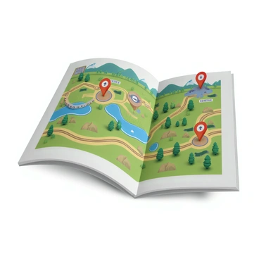 A detailed map illustrating a person's life journey, featuring various paths and routes. The map includes distinct insurance stops marked with icons symbolizing different types of insurance, such as health, auto, and home insurance. Key milestones along the journey are highlighted with stars or flags, representing significant life events like graduation, marriage, and retirement. The landscape includes diverse elements like mountains, rivers, and forests, symbolizing challenges and achievements throughout life. The design is colorful and engaging, encouraging exploration of the narrative represented within the map.