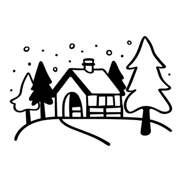 A cozy cabin with a steep roof and a chimney is nestled among tall, snow-covered trees. The cabin has a small porch with a wooden railing. Snowflakes are gently falling from the sky. The trees surrounding the cabin are thick with snow, their branches heavy and drooping. A path leads up to the cabin, partially covered with snow, suggesting a recent visitor.