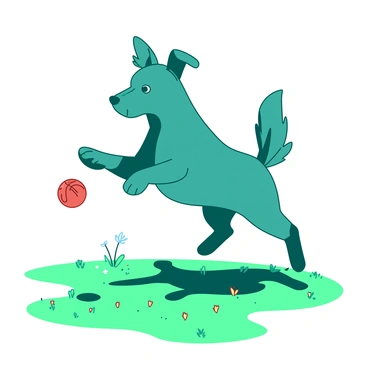 A teal dog with a glossy coat is leaping into the air to catch a bright red ball. The dog's ears are flapping back as it stretches its paws forward towards the ball. Below, a lush expanse of green grass covers the field, dotted with small wildflowers. The sky above is clear and blue, adding to the vibrant scene of the dog in motion, with its tail held high behind it.