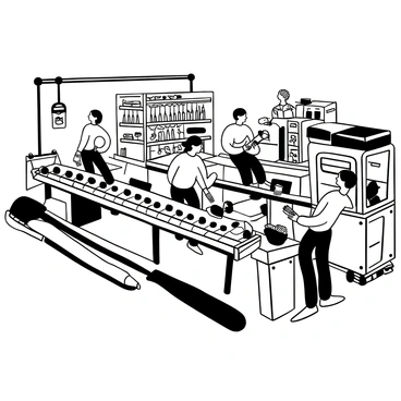 An assembly line inside a factory producing toothbrushes. Various toothbrushes with distinct designs and shapes are moving along the conveyor belt. Some toothbrushes have straight handles while others have ergonomic shapes. There are multiple workstations along the assembly line, where workers are inspecting and packing the toothbrushes. Shelves filled with toothbrush components can be seen in the background. Equipment and machinery are positioned throughout the factory, contributing to the bustling environment.