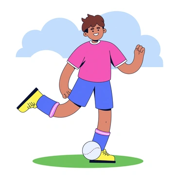 A portrait of a young kickball player with short brown hair, wearing a bright red jersey and blue shorts. The player has a focused expression on their face, showcasing determination. They are in a dynamic stance, with one foot poised to kick a large, white kickball resting on the grass. The background features a sunny day with a clear blue sky and a few fluffy clouds.