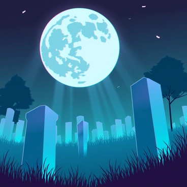 A tranquil graveyard illuminated by the soft light of a full moon hanging in the night sky. The headstones, varied in shape and size, cast long shadows across the ground, creating a play of light and dark. Tall grass sways gently in the moonlight, and a few scattered trees provide a natural border around the graveyard. The air is still, enhancing the serene atmosphere of the scene as delicate silvery beams reflect off the polished surfaces of the gravestones.