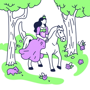 A princess with long flowing hair is riding a white horse down a winding path in an enchanted forest. She is adorned in a flowing gown with intricate designs, and her crown glistens in the dappled light filtering through the trees. The horse has a majestic stance, with its mane gently blowing in the breeze. Surrounding them, towering trees with twisted trunks stretch upwards, their leaves creating a lush canopy overhead. Delicate flowers in various shapes and sizes are scattered along the path, while small woodland creatures peek from behind the foliage, observing the princess and her noble steed.