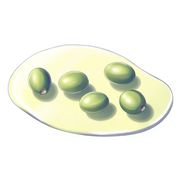 Several green olives are suspended in a clear pool of olive oil. The olives have a glossy surface that reflects light, and they vary slightly in size and shape. The pool of olive oil appears smooth and tranquil, with the olives gently bobbing on the surface. Each olive casts a soft shadow beneath it, creating a subtle interplay of light and shadow on the oil's surface. The scene embodies a sense of calmness and simplicity in its composition.