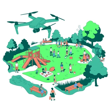 A teal drone is capturing a bird's-eye view of a lively city park filled with diverse groups of people. Below, families are playing on a grassy field, some playing frisbee while others are setting up a picnic. A group of friends is gathered near a vibrant orange playground, where children are climbing and sliding. Walking paths meander through the park, with joggers and couples strolling hand in hand. Benches are occupied by people reading and chatting, surrounded by colorful flowers in bloom. The scene is vibrant and dynamic, showcasing the activity and social life in the park.