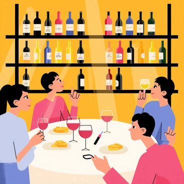 An elegant wine cellar with wooden shelves filled with an assortment of wine bottles. The walls are adorned with rich, dark wood paneling and soft ambient lighting. Guests are positioned around a small round table, each holding delicate, curved wine glasses filled with a variety of red and white wines. One guest has a glass raised in a toast, while another is sniffing the wine in their glass, assessing its aroma. A corkscrew and a small plate with cheese and crackers are placed on the table, adding to the tasting experience.