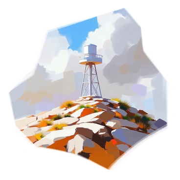 The summit of Mont Ventoux features the iconic weather station standing tall against a dramatic sky. The weather station is prominently displayed, with its distinctive white structure contrasting against the rocky terrain. Fierce winds are evident, as the surrounding grasses and small shrubs bend and sway. Clouds race across the sky, casting dynamic shadows on the landscape below. The rocky surface of the mountain is rugged and textured, adding to the sense of elevation and exposure at this high altitude.