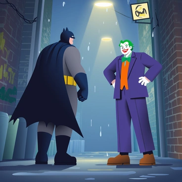 Batman is standing in a dimly lit Gotham alley, his muscular figure outlined by the shadows. He is wearing a dark gray suit with a black cape that billows behind him. His iconic cowl hides his identity, revealing only his intense gaze. The Joker stands opposite him, grinning wildly with white skin and green hair, wearing a purple suit decorated with a bright orange shirt and a green bow tie. The alley is filled with graffiti on the brick walls, and a flickering streetlight casts an eerie glow. A scattering of garbage cans is positioned to the side, and rain is lightly falling, creating puddles on the wet ground. The atmosphere is tense as the two characters face each other, ready for a confrontation.