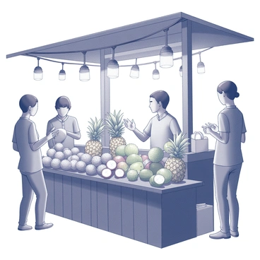 A vendor standing behind a wooden stall filled with various exotic fruits. The display features an assortment of fruits, including pineapples, dragon fruits, and lychees, arranged artfully to entice customers. The fruits have unique shapes and textures, highlighting their exotic nature. The vendor, wearing a traditional shirt, is engaged with customers, gesturing towards the fruits. The market atmosphere is lively, with strings of lights overhead casting soft illumination on the scene. There are people browsing the stalls, some holding bags filled with fruits, contributing to the bustling ambiance of the night market.