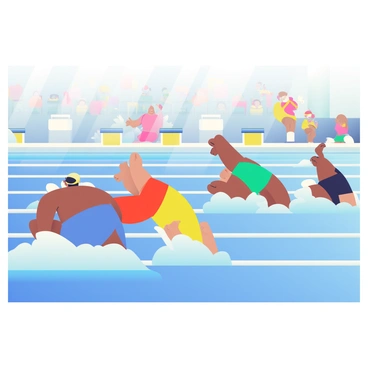 Five swimmers with varying skin tones are diving into an Olympic-sized swimming pool, forming large splashes as they start a race. Each swimmer is wearing a different colored swimsuit: one in a bright blue suit, another in a vibrant red, the third in a bold yellow, the fourth in a sleek green, and the last one in a striking black suit. The water is a clear blue, reflecting the overhead lights of the pool area. The edge of the pool is lined with white lane markers, and the starting blocks are visible in the background. Spectators can be seen in the stands, adding to the lively atmosphere of the competition.