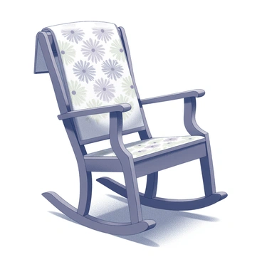 A rocking chair made of wood, featuring a curved design with armrests. Draped over the backrest is a handmade quilt, showcasing intricate patterns of "daisy" flowers throughout the fabric. The quilt has a textured appearance, with visible stitching and a patchwork style. The chair is placed on a wooden floor, and soft shadows suggest a warm, inviting atmosphere.