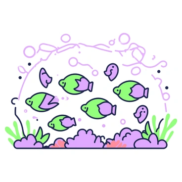 A group of fish is swimming gracefully in a synchronized ballet beneath the waves. The fish are various sizes and shapes, moving together in perfect harmony. Some fish have rounded bodies, while others are elongated. They create intricate formations, with some diving downwards and others spiraling upwards. A soft flow of bubbles trails behind them, adding to the fluidity of their movements. In the background, gentle waves of water ripple, creating a dynamic environment. The seabed is dotted with colorful corals and sea plants, enhancing the underwater scene.