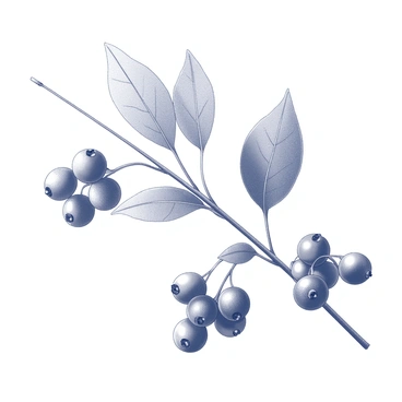 A detailed illustration of an elderberry branch. The branch is adorned with delicate clusters of small, round berries, showcasing various stages of ripeness. Surrounding the berries are finely textured leaves, with a rich vein structure, displaying a natural arrangement. The overall composition emphasizes the organic curvature of the branch, creating a harmonious balance between the berries and leaves. Each element is rendered with precision, capturing the essence of the elderberry plant.