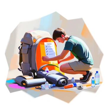 A camping enthusiast with light skin and short brown hair is busy packing gear for an outdoor adventure. They are wearing a dark green t-shirt and cargo shorts. The enthusiast is kneeling next to a sturdy backpack, opening it wide to organize various camping equipment. There is a checklist attached to the top of the backpack, clearly visible with items like "tent," "sleeping bag," and "flashlight" written on it. Scattered around them are essential camping items, including a rolled-up sleeping mat, a compact tent, bottles of water, and a multi-tool. The setting conveys a sense of preparation for an exciting trip into nature.