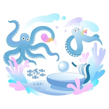 An underwater scene depicts a vibrant auction filled with various sea creatures. A large octopus is extending its tentacles, holding a brightly colored fish, while a group of curious clownfish observes with interest. Nearby, a regal angelfish swims gracefully, showcasing its vibrant colors. A school of small fish gathers around a bidding table made of coral, where a shimmering pearl sits as the centerpiece. Surrounding the scene are colorful corals and sea plants, adding a rich backdrop to the lively underwater auction.