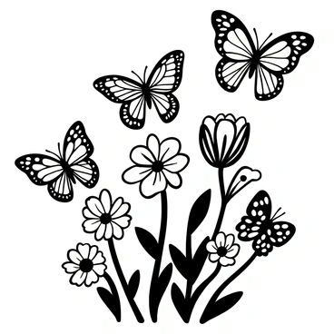 A collection of vintage butterflies with intricate wing patterns fluttering around various flowers. The butterflies have distinct designs and sizes, showcasing their delicate features. The flowers are diverse, including roses, daisies, and lilies, all displaying elaborate petal details. The composition creates a harmonious scene, with butterflies positioned gracefully among the blossoms. The overall arrangement suggests a natural, lively interaction between the butterflies and the flowers.