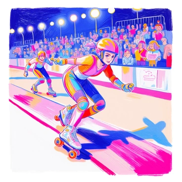 A skater in a roller derby bout is executing a dramatic move on the track. She has short, brightly colored hair and is wearing a colorful helmet and protective gear. Her expression is focused and determined as she glides on wheels. In the background, other skaters in different uniforms are in motion, displaying a sense of competition. The atmosphere is filled with excitement, and spectators are visible in the stands, cheering and holding signs. Bright lights illuminate the scene, enhancing the intensity of the moment.
