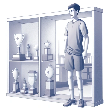 A young athlete standing in front of a trophy case. The athlete has a focused expression, with eyes fixed on the trophies inside the case. The case is filled with various trophies and awards, each shining with a polished surface. The athlete's posture is slightly leaning forward, reflecting a sense of aspiration and longing. The background is a simple gymnasium setting, with gym equipment visible in the distance. The light source casts soft shadows, highlighting the features of the athlete and the trophies.