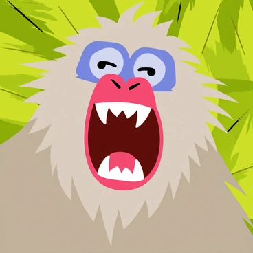 A mandrill with a colorful face and vivid markings is captured mid-yawn, revealing its large, sharp teeth. The mandrill has a predominantly grayish-brown fur coat, with striking blue and red accents on its face. Its eyes are partially closed, and its mouth is wide open in a yawn, showcasing its impressive dental structure. The background features lush green foliage, emphasizing the mandrill's natural habitat.