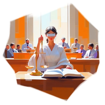 Themis, the personification of justice, is seated at the front of a grand courtroom, her eyes blindfolded to symbolize impartiality. She is depicted wearing a flowing white robe, with intricate designs that hint at a classical aesthetic. In her right hand, she holds a set of scales, perfectly balanced, while her left hand rests upon a large law book placed on the wooden desk in front of her. The courtroom is filled with various figures: a lawyer passionately presenting a case, a judge at the bench observing intently, and jurors seated in a semi-circle, listening attentively. The atmosphere conveys a sense of solemnity and seriousness, with warm light filtering in through large windows, casting soft shadows.