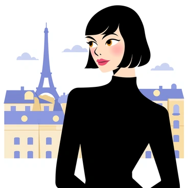 A portrait of "Coco Chanel" with her distinctive short bob hairstyle and elegant black outfit. She is positioned in the foreground, gazing thoughtfully. In the background, the Parisian skyline is visible, featuring iconic landmarks like the Eiffel Tower and classic Parisian rooftops under a soft blue sky. The scene captures an atmosphere of sophistication and fashion with a hint of urban life.