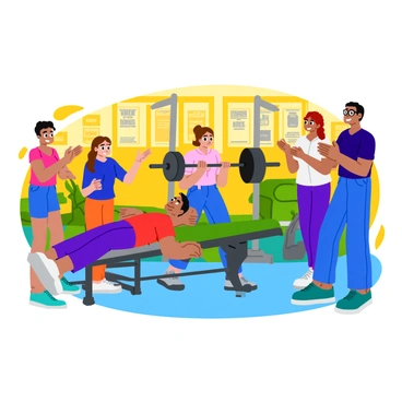 A group of five diverse individuals working out together in a bright gym. One person, a man with short black hair, is lying on a bench press with a barbell above him, while another woman with long brown hair stands behind him, encouraging him. To the side, a tall woman with curly red hair is adjusting weights on the barbell, and a man with glasses is clapping and cheering them on. In the background, there are gym equipment and motivational posters on the walls. The atmosphere conveys teamwork and support among friends.