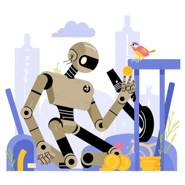 An abandoned robot with a rusty metallic body is kneeling among piles of scrap metal in a scrapyard. The robot has one glowing eye and a series of wires hanging loosely from its frame. It is holding a shiny golden coin in one of its claw-like hands, examining it closely. Surrounding the robot are various discarded machine parts, old tires, and broken electronics. A small, colorful bird perches on a nearby metal beam, watching the robot's discovery with curiosity. Overhead, a bright blue sky can be seen, contrasting with the gray tones of the scrapyard.