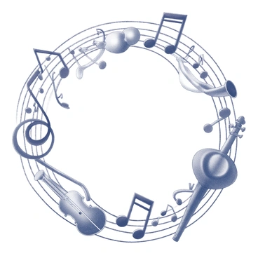A frame composed of swirling musical notes and various instruments. The notes flow gracefully, intertwining and creating dynamic shapes throughout the frame. Instruments such as a violin, trumpet, and flute are integrated into the design, their forms enhancing the swirling composition. The overall structure of the frame resembles a harmonious circle, with the notes and instruments leading the viewer's eye around the edges.