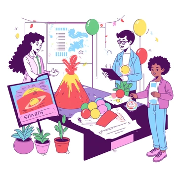 A group of students of various genders is gathered at a school science fair, each proudly displaying their unique science projects. One student, with curly hair, stands beside a colorful model of the solar system made from different-sized balls painted in vibrant colors. Another student, wearing glasses, is explaining their working volcano project, which is bubbling over with a mixture of red and yellow. Nearby, a third student is showcasing a detailed poster about plant growth, surrounded by potted plants. The atmosphere is lively, with decorations in the background including balloons and streamers, adding to the excitement of the event.