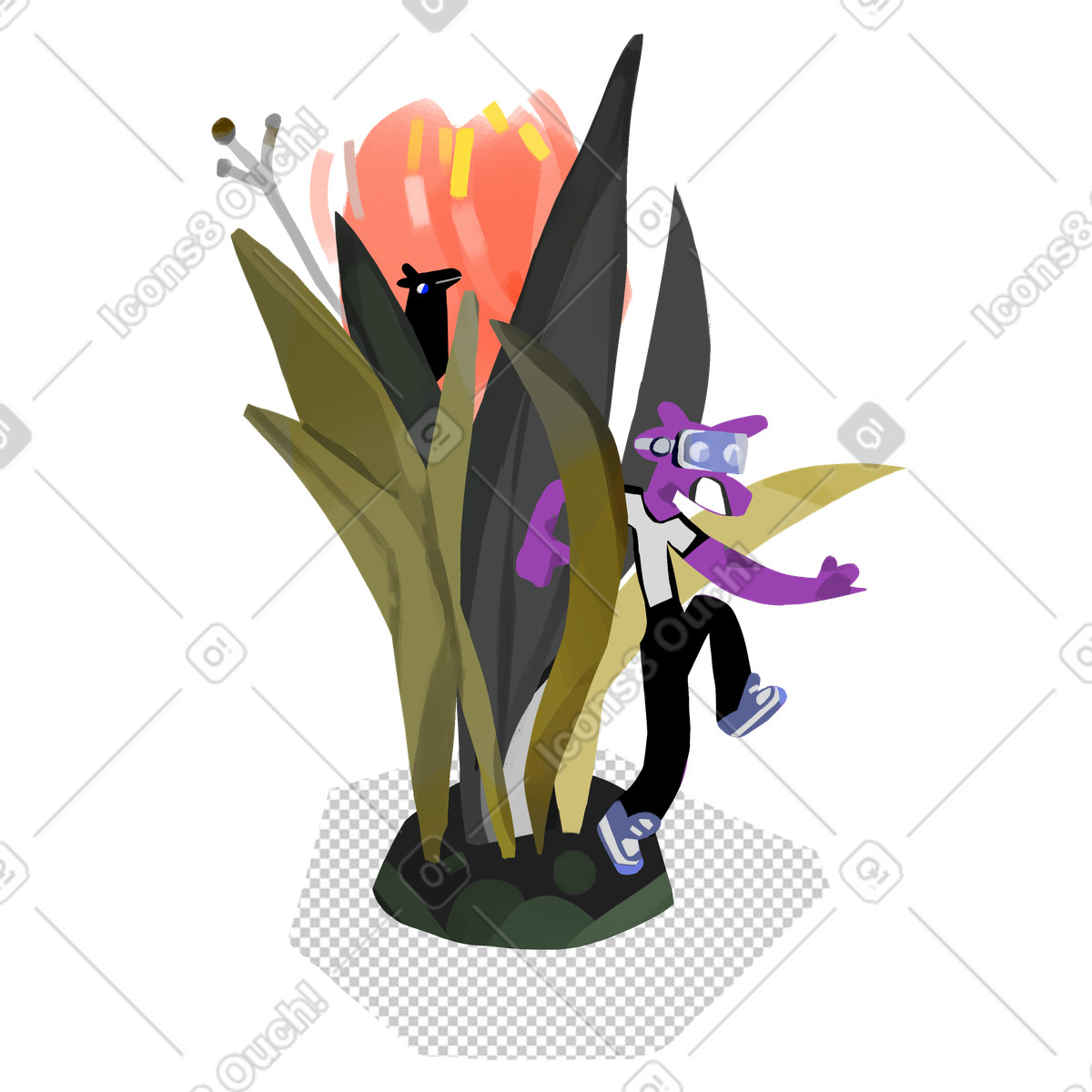 下载 Atomic 风格的 Character in vr headset peeking from foliage, Immersive experience journey 插画，支持 PNG、SVG 格式