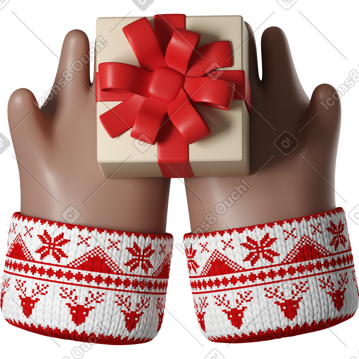 Illustration Mains de peau brune dans un pull noël blanc tenant une boîte-cadeau le style 3D Hands Fun&Wild à télécharger aux formats PNG, SVG