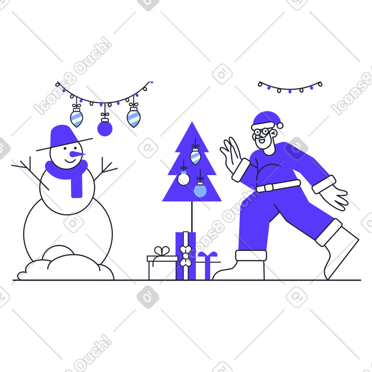 Babbo natale e pupazzo di neve vicino all'albero illustrazione in stile Pablita scarica in PNG, SVG