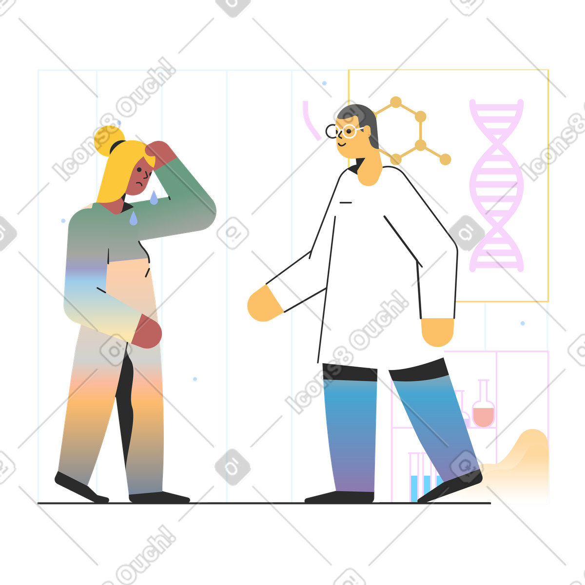 Frau mit krankheitssymptomen besucht arzt in klinik-Illustration im Marginalia-Stil als Download PNG, SVG