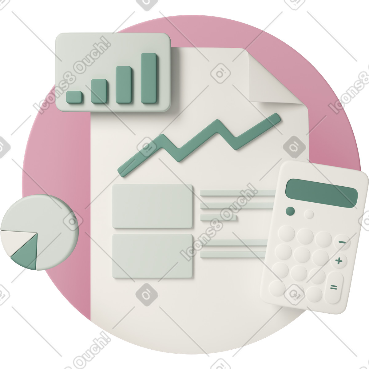 Document with calculator and statistics charts illustration in 3D Casual life style download in PNG, SVG