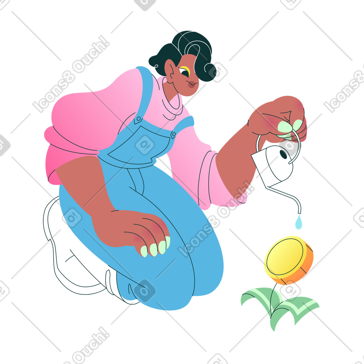 Florid スタイルの Watering money plant, financial growth and investment のイラストをPNG、SVG形式でダウンロード