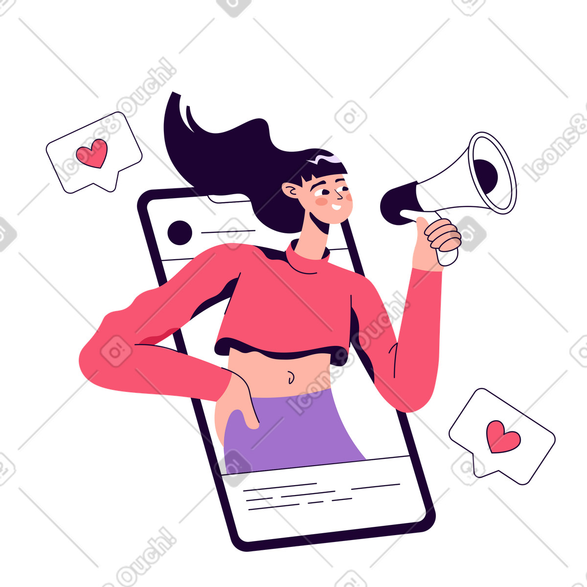 Martina スタイルの オンラインで製品やサービスを宣伝するスピーカーを持った女性 のイラストをPNG、SVG形式でダウンロード